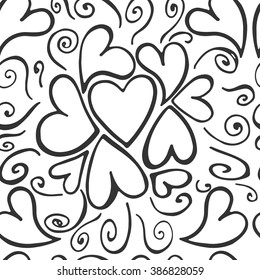 Hand drawn seamless vintage pattern. Vector background, retro style. Hearts.