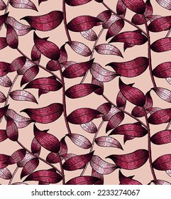 Hand drawn seamless viva magenta color leaves pattern design vector. line art vector