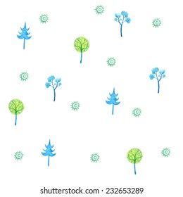 Hand drawn seamless watercolor pattern with green and blue trees. Vector Eps.