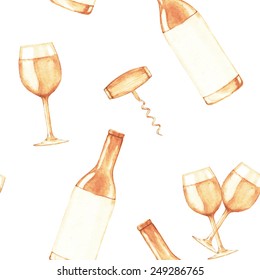 Hand drawn seamless watercolor pattern with brown wine bottles, goblets and corkscrew