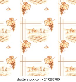 Hand drawn seamless watercolor pattern with brown sepia vineyard landscapes and grape 