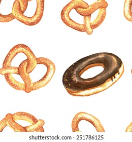 Hand drawn seamless watercolor pattern with isolated tasty pretzels and donuts on the white background.