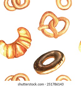 Hand drawn seamless watercolor pattern with isolated tasty donuts, bagels, pretzels and  croissant on the white background.
