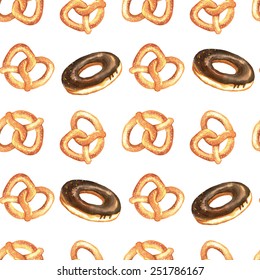 Hand drawn seamless watercolor pattern with isolated tasty pretzels and donuts on the white background.