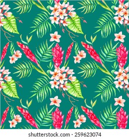 Hand drawn seamless watercolor pattern with colorful vibrant tropical flowers  and leaves on the green background