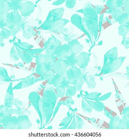 Hand drawn seamless watercolor tropical pattern with palm leaves, hawaiian flowers and oleander. 