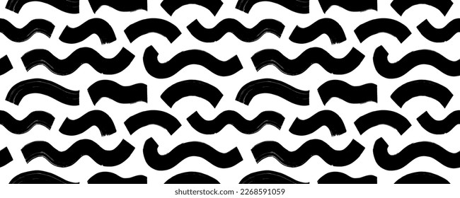 Hand drawn seamless wavy pattern. Curly grunge paint lines. Sea, rivers or ocean abstract waves. Horizontal wavy bold brush strokes. Abstract vector geometric pattern. Black and white ornament.