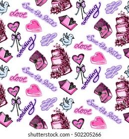 Hand drawn seamless Wedding pattern. Vector illustration. Sketchy Marriage background.
