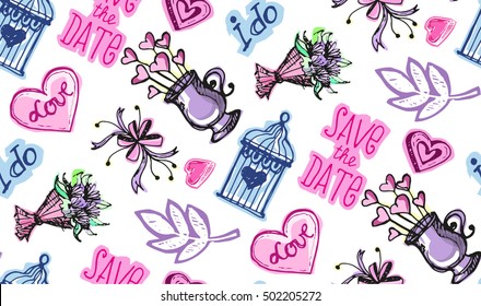 Hand drawn seamless Wedding pattern. Vector illustration. Sketchy Marriage background.