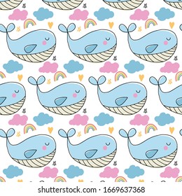 Hand drawn seamless whale pattern. hand drawn whale.