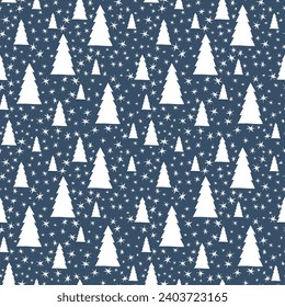 Hand drawn seamless with white winter trees and snowflakes on blue-green background. Can be used as allover print for pajamas, fabrics, wallpapers, diaries, school exercise books, wrapping, decoration