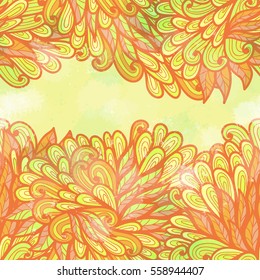 Hand drawn seamless yellow and pink invitation card design with flowers and leaves