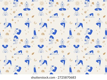 Dibujado a mano patrón de yoga sin fisuras con mujeres practicando poses de yoga y meditación. Ilustración vectorial mínima con símbolos de asana repetitivos, ideal para textiles, Fondo de pantalla, embalaje y papel de regalo
