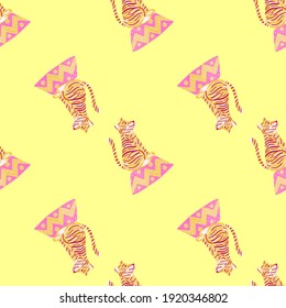 Hand drawn seamless zoo pattern with pink and orange colored circus tiger print. Light yellow background. Vector illustration for seasonal textile prints, fabric, banners, backdrops and wallpapers.
