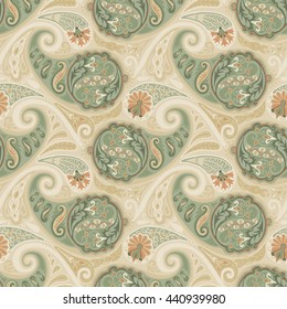 
Hand drawn seamlessly repeating ornamental wallpaper or textile pattern with Paisley motives in vector format.
