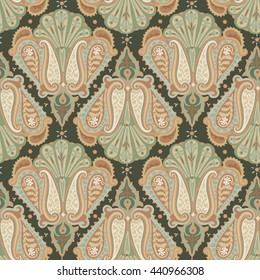 
Hand drawn seamlessly repeating ornamental wallpaper or textile pattern with Paisley motives in vector format.