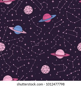 Hand drawn seamlesss pattern with zodiac constellations, planets and moons in pink pastel colors on the 
dark background. Cosmic backdrop.