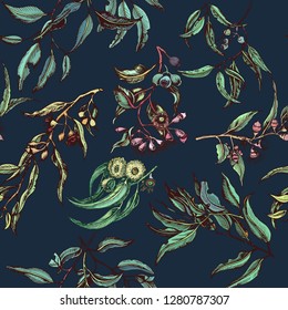 Hand drawn seampless pattern with leaves eucalyptus, fern, olive.