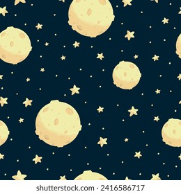 Hand drawn seampless vector pattern with full moon and stars in flat cartoon style. Dark blue background. Celestial bodies in outer space. Night sky for printing