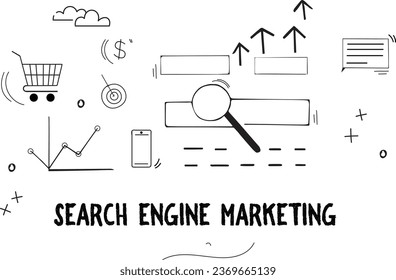Hand drawn Search engine marketing vector doodle |  Search engine marketing illustration sketch with search, shopping cart, graph, text, cloud, mobile and other symbols.
