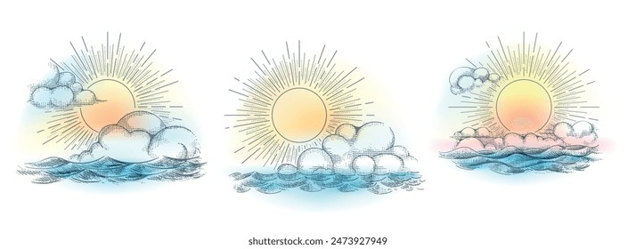 Conjunto de paisaje marino dibujado a mano. Nubes de la onda solar del grabado de colores en una Ilustración vectorial aislada del cielo