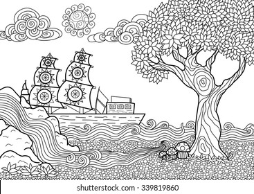 Hand drawn seascape zentangle style for coloring book