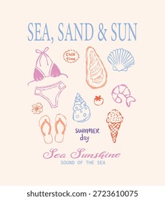 Dibujado a mano Seashell obra de arte. Arte abstracto moderno de la playa. Sea usted en la playa. el club de playa vintage vacaciones t print. diseño de la camiseta de verano. diseño de Vector de las mujeres. fiesta de vacaciones de verano, fondo,