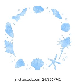 Hand drawn seashell circular frame, watercolor