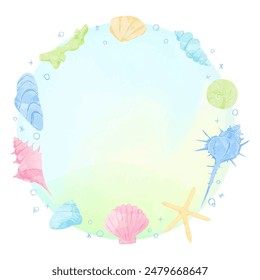 Hand drawn seashell circular frame, watercolor