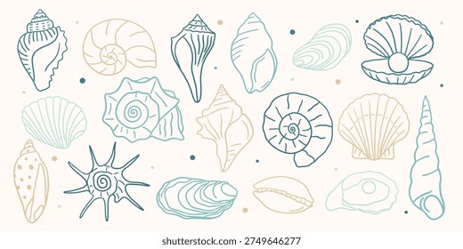 Hand drawn seashell collection. Coastal ocean shell doodle set with conch, scallop, nautilus, oyster, clam and spiral shells. Minimal line art beach elements for summer design.