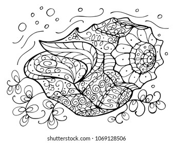 Hand drawn seashell coloring book for adults. Vector illustration. Anti-stress coloring for adult. Zentangle style. Perfect for invitation, greeting card, postcard, poster, print, banner.