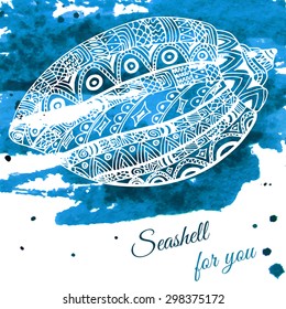 Hand drawn seashell with ethnic motif. Card with place for text. Vector illustration