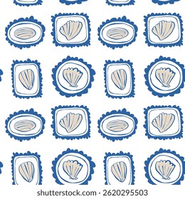 Hand drawn seashell frame on white background marine doodle seamless pattern with shells in frames for summer packaging and design