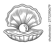 Hand Drawn Seashell with Pearl Line Art Illustration, Open Oyster Shell Vintage Engraving Style