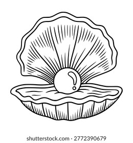 Hand Drawn Seashell with Pearl Line Art Illustration, Open Oyster Shell Vintage Engraving Style