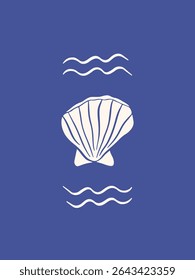 Hand drawn seashell poster. Coastal vector illustration. Ocean shell whimsical drawing. Mediterranean sea marine life on blue background. Undersea aesthetic wall art