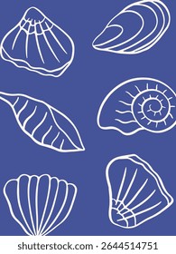 Hand drawn seashell poster. Coastal line art vector illustration. Ocean shells whimsical drawing. Mediterranean sea style. Marine life on blue background. Undersea aesthetic wall art