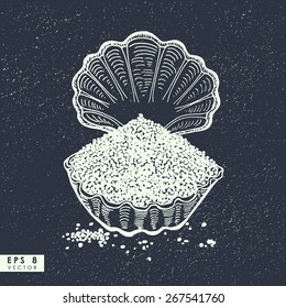 Hand drawn seashell with salt on the sandy background