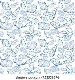 Hand drawn seashell seamless pattern in blue color. Summer background, textile, backdrop, wrapper with sketched seashell.