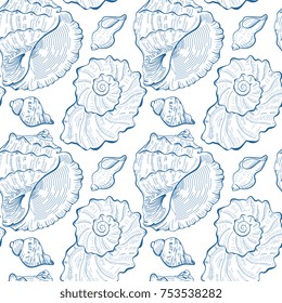 Hand drawn seashell seamless pattern in blue color. Summer background, textile, backdrop, wrapper with sketched seashell.