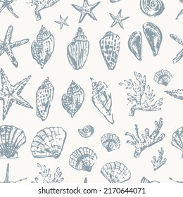 Hand drawn seashell sketch seamless pattern. Vector monochrome illustration, sea nature background. Summer travel, beach design for cards and prints, beauty products.