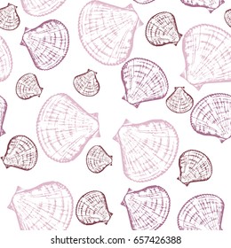 Hand drawn seashells, colored seamless pattern on the white background
