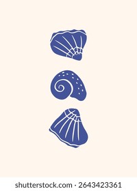 Hand drawn seashells poster. Coastal vector illustration. Ocean shells whimsical drawing. Mediterranean sea marine life on beige background. Undersea aesthetic wall art