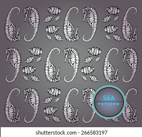 Hand drawn seashells and seahorse vintage pattern   