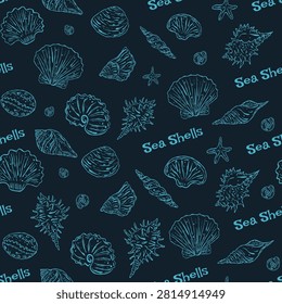 Hand Drawn Seashells Seamless pattern on dark Blue background. Underwater pattern