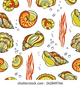 Hand drawn seashells, seaweed andÂ bubbles on white background, seamless pattern
