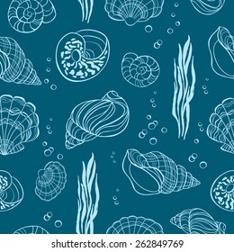Hand drawn seashells, seaweed andÂ bubbles on blue background, seamless pattern