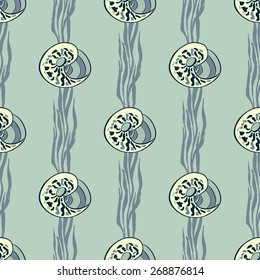 Hand drawn seashells and seaweed seamless pattern