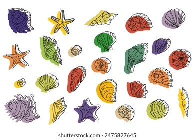 Hand drawn seashells hand drawn summer marine design, elements collection of abstract pastel colors liquid shapes. Vector graphic illustration.