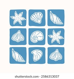 Hand drawn seashells. Trendy minimal isolated elements for logo. Patchwork style. Surface cover design. Fabric textile print, stamp.